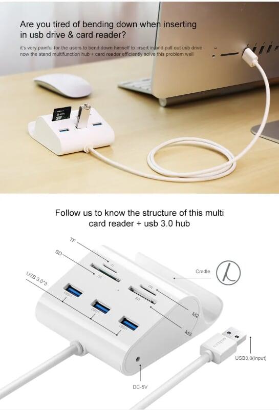 Ugreen UG30342US156TK 50CM màu Trắng Bộ chia HUB USB 3.0 sang 3 USB 3.0 + đọc thẻ TF SD MS M2 có khay đỡ hỗ trợ nguồn 5V - HÀNG CHÍNH HÃNG