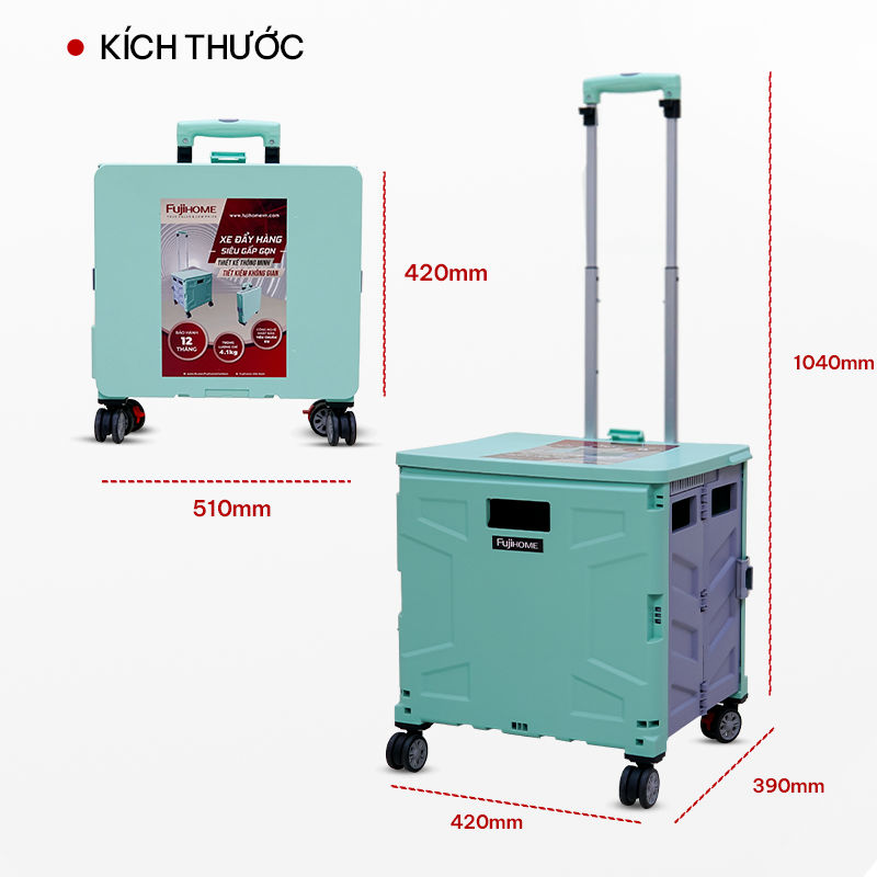 Xe kéo hàng đi chợ rút gọn FUJIHOME ST-250, Hỗ trợ vận chuyển các loại hàng hóa nặng(55kg), Bảo hành điện tử toàn quốc 12 tháng