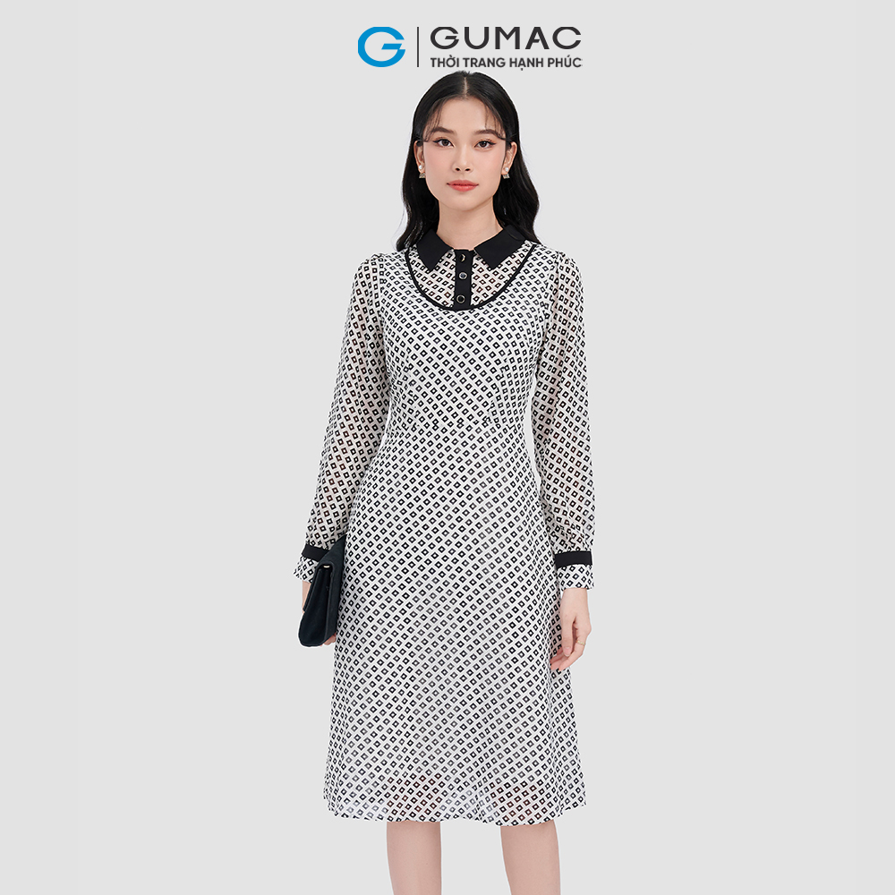 Đầm form A GUMAC DC09054 họa tiết phối cổ thời thượng