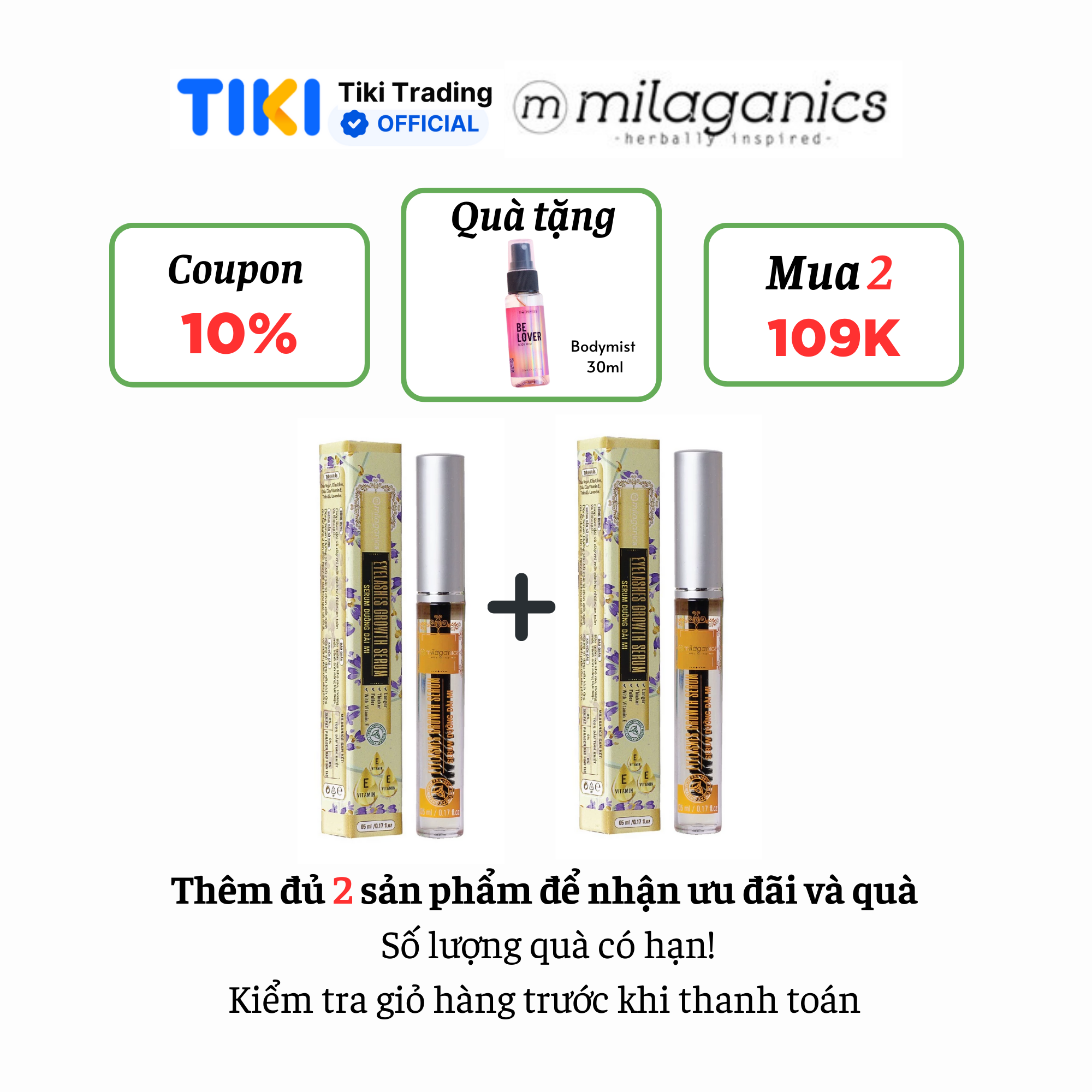 Serum dưỡng mi từ dầu nguyên chất (dừa, olive, argan) hiệu quả sau 3 tuần MILAGANICS 5ml (tuýp)