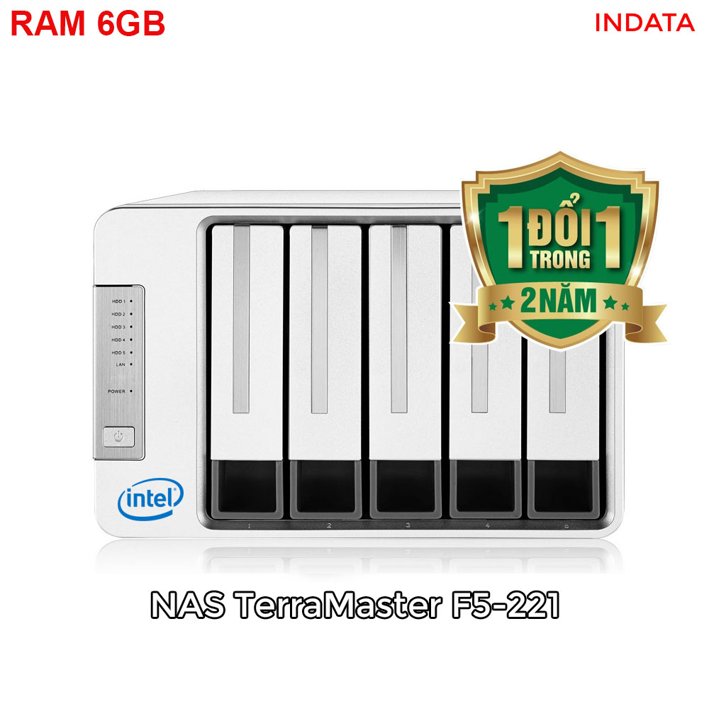 Bộ lưu trữ mạng NAS TerraMaster F5-221, Intel Dual-core CPU 2GHz, RAM 6GB, LAN 2x 1GbE, 5 khay ổ cứng RAID 0,1,5,6,10,JBOD,Single - Hàng chính hãng