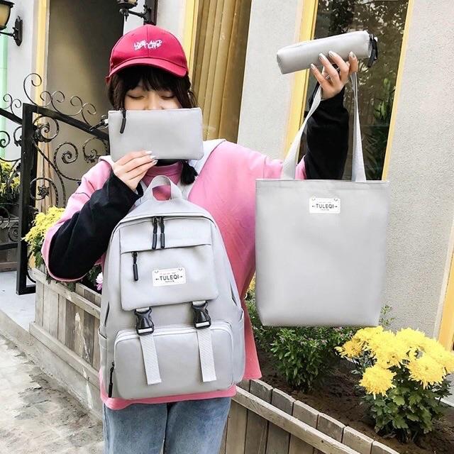 Balo thời trang, balo đi học, đựng laptop Balo Set 4 Món Thời Trang 2 Khoá Cute balo nữ vải