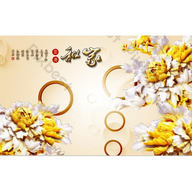 Tranh dán tường Hoa mẫu đơn chạm khắc nghệ thuật, tranh dán tường 3d hiện đại MS635928