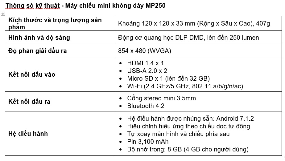 Máy chiếu mini không dây Canon MP250-S  chip xử lý quad-core 1.5GHZ, SDRAM 2GB, chiếu hình ảnh 93 inch, rạp chiếu phim ngay tại nhà. (Hàng Chính hãng)