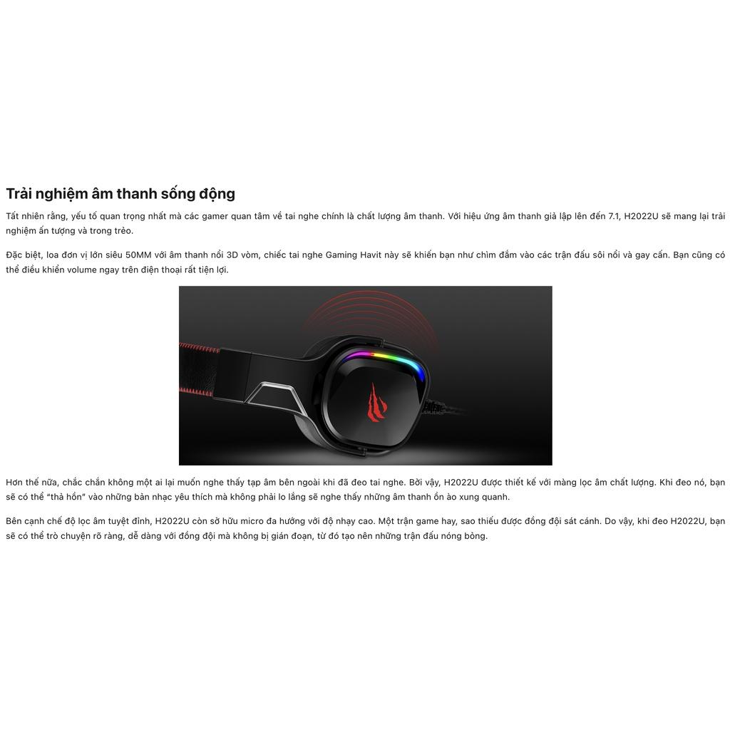 Tai Nghe Gaming Headphone HAVIT H2022U, Driver 50mm, Đèn Led RGB, Mic Khử Nhiễu - Hàng Chính Hãng