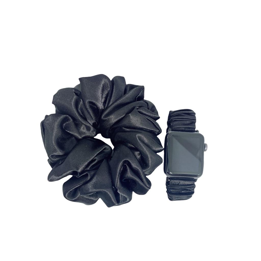 Combo dây đồng hồ apple watch và scrunchies dây cột tóc, buộc tóc vải satin lụa ĐEN