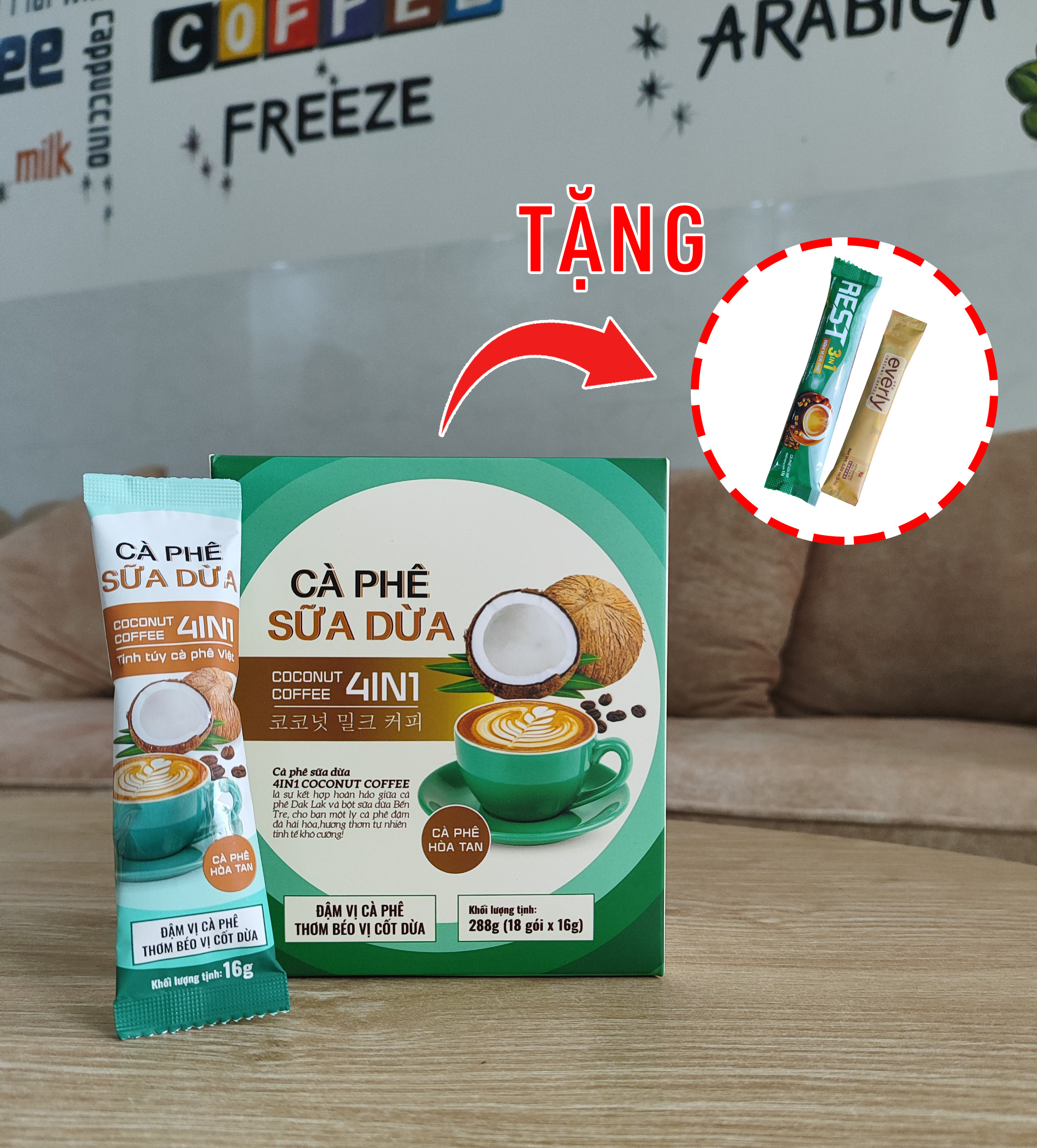 (Hộp 18 gói) Cà Phê Sữa Dừa 4in1 EVEREST COFFEES .Tiêu Chuẩn FDA Hoa Kỳ. Hàng Việt Nam Chất Lượng Xuất Khẩu Mỹ