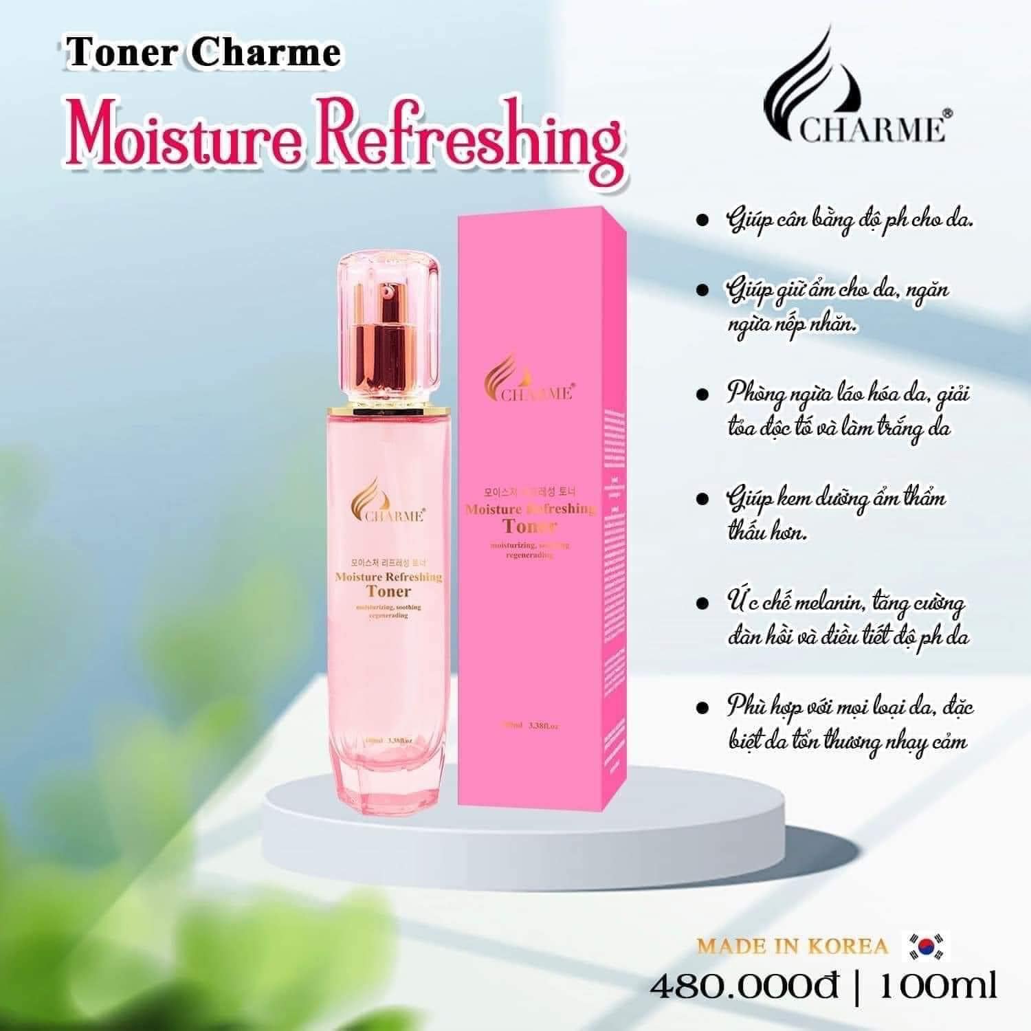 Nước hoa hồng dưỡng ẩm, Charme Moisture Refreshing, dòng toner sạch da, sạch bã nhờn, 100ml