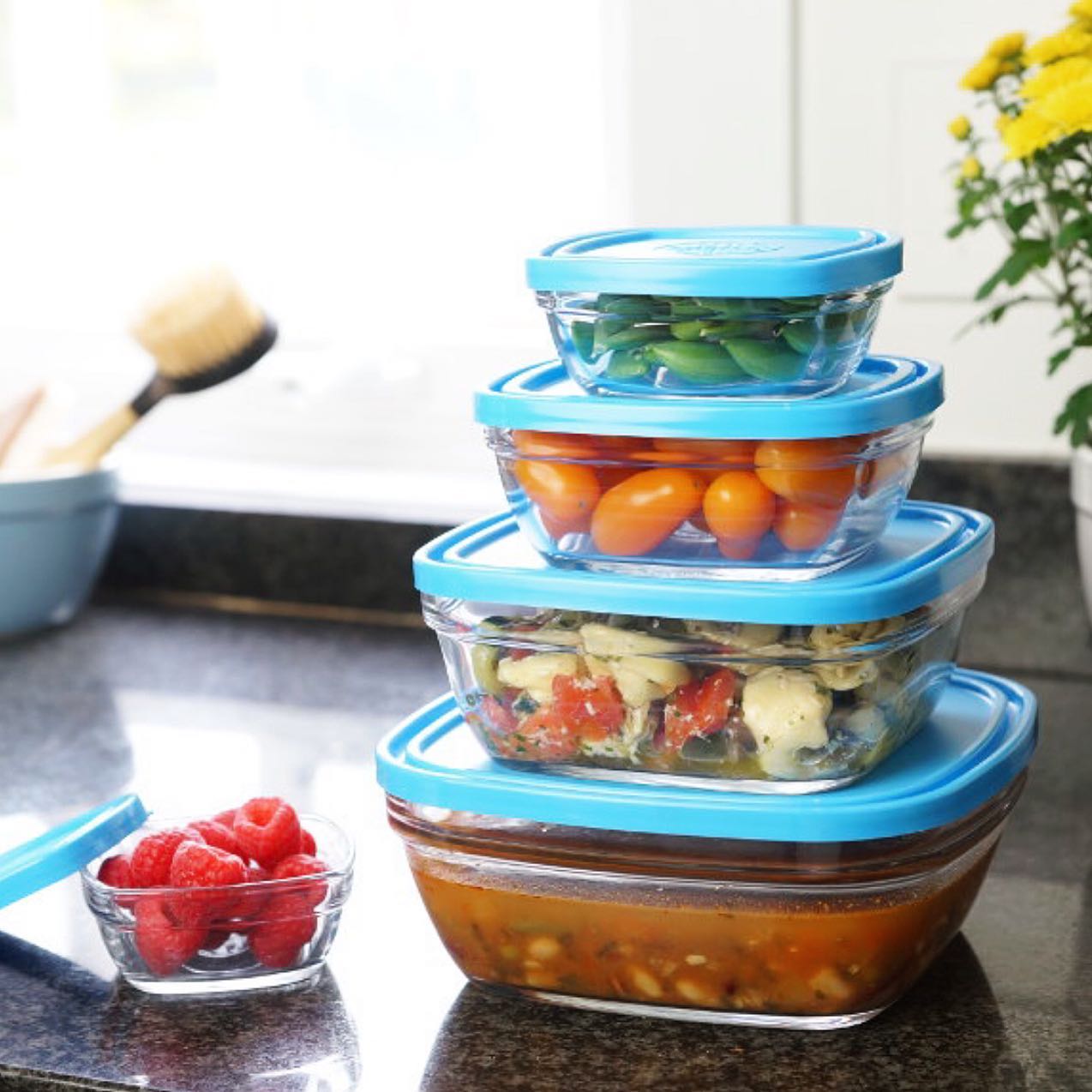 Bộ Hộp thực phẩm D9015A Duralex - Freshbox nắp xanh Blue 5 size Thủy tinh cường lực Pháp