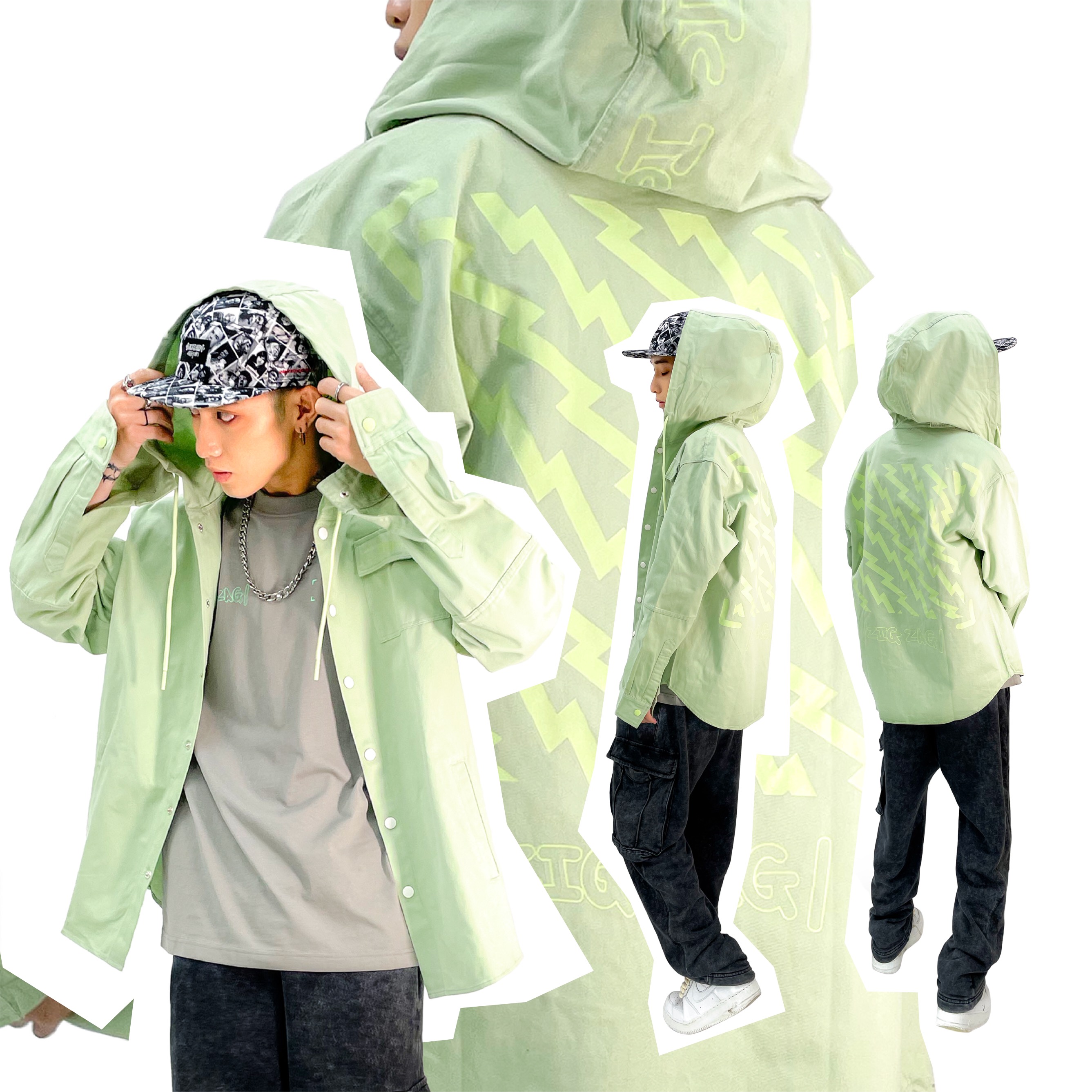 Áo Khoác Khaki 5THEWAY Xanh Lá aka /public icon/ ZIGZAG HOODED KHAKI JACKET in LAURIEL GREEN