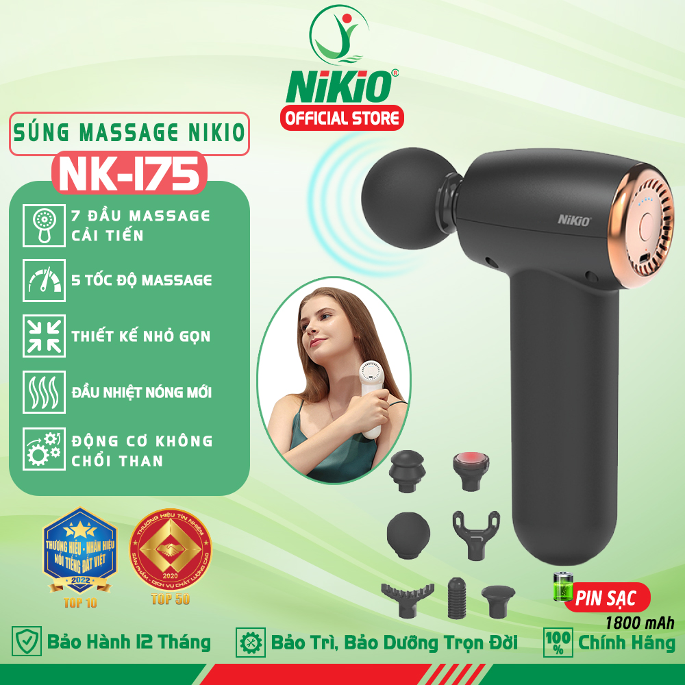 Súng Máy Massage Cầm Tay Nikio NK-175 – Dòng Siêu Mini Nhỏ Gọn Tiện Lợi, 7 Đầu Mát xa Thay Đổi, Có Đầu Nhiệt Nóng 55 Độ C Hỗ Trợ Giãn Cơ Chuyên Sâu, Làm Giảm Đau Nhức Cơ Bắp Hiệu Qủa – Dòng Pin Sạc – Màu đen