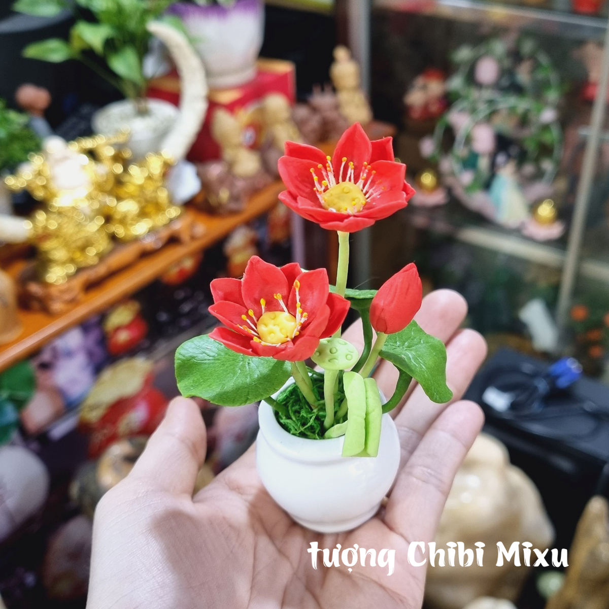 Chậu hoa sen đỏ bằng đất sét Nhật y hình