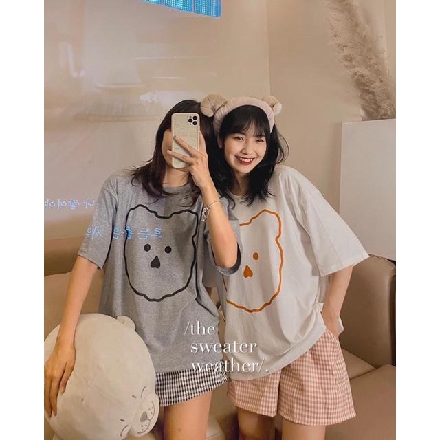 Bộ Ngủ Nữ Cộc Hình Gấu Set Áo Quần Cộc Cúc Cài Họa Tiết In 2 Màu