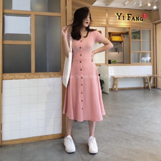 Váy cộc tay cotton tăm cúc dọc