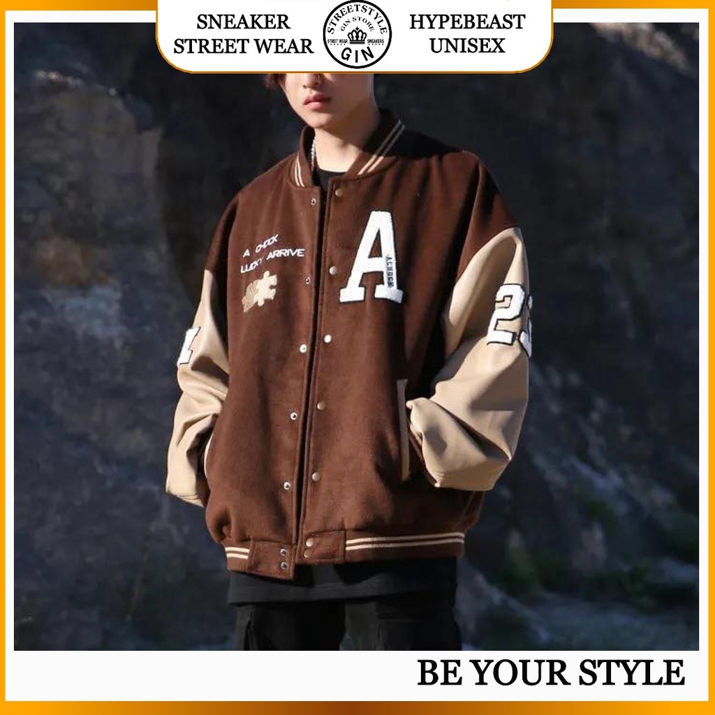 Áo khoác bomber jacket nam nữ hình in Lucky chất nỉ bông cao cấp varsity a chock lucky unisex thêu 2 lớp - Gin Store