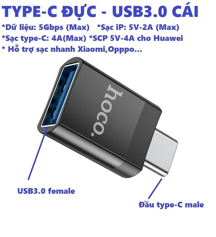 [ Type C  Adapter ] Đầu chuyển type C sang USB 3.0  / iP hỗ trợ OTG cho điện thoại tablet laptop hoco UA17 _ hàng chính hãng