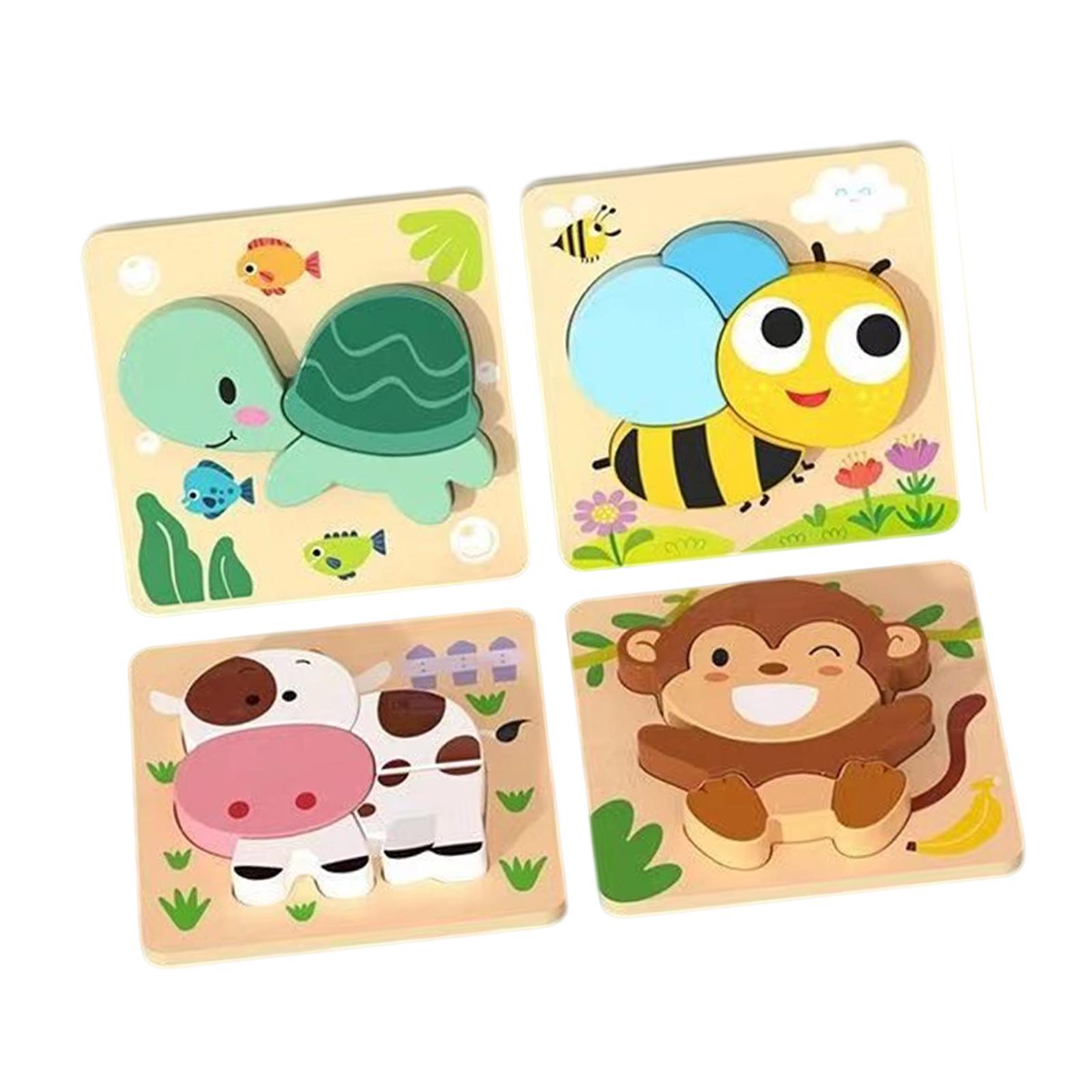 4Pcs Wooden Animal Puzzles with animals Patterns for 2 3+ Year Old Baby