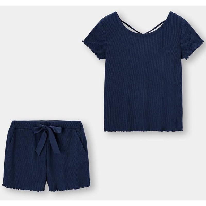 Nữ - Bộ mặc nhà áo ngắn tay quần cộc chất thun tăm mềm mại nơ eo - Waist Ribbon Rib Lounge Set