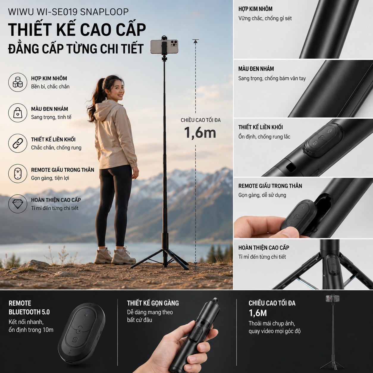 Gậy Chụp Ảnh Selfie Xoay 360 độ chống rung hiệu WIWU WI-SE019 SnapLoop 4in1 Tripod Bluetooth – Bung Tripod 1 Chạm – Kéo Dài 1.6M – Remote Từ Tính - Cho iPhone Samsung Oppo Huawei - Z Fold - Z Flip - Hàng nhập khẩu