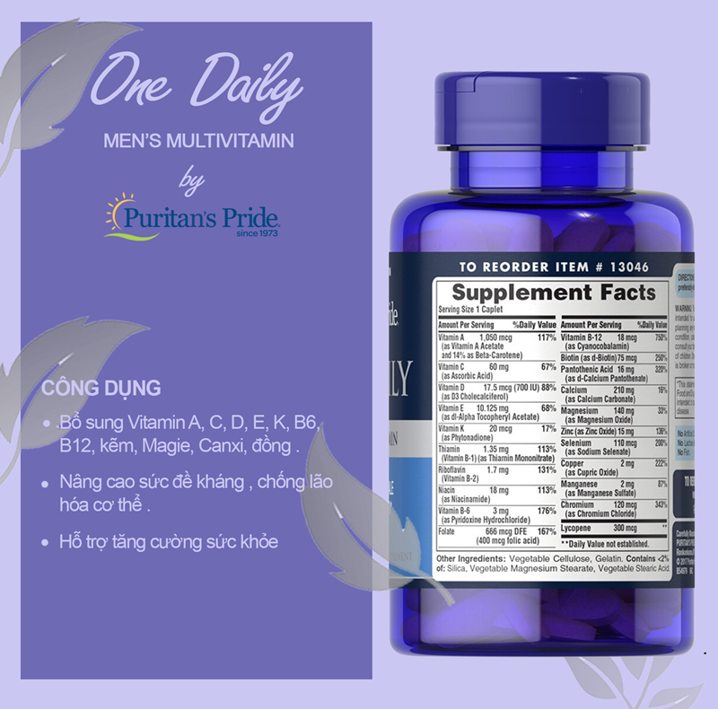 Vitamin tổng hợp cho nam One Daily Men's Puritan's Pride Mỹ Giúp Tăng đề kháng, Cải thiện sức khỏe tổng thể cho nam giới - Massel Official - 100v