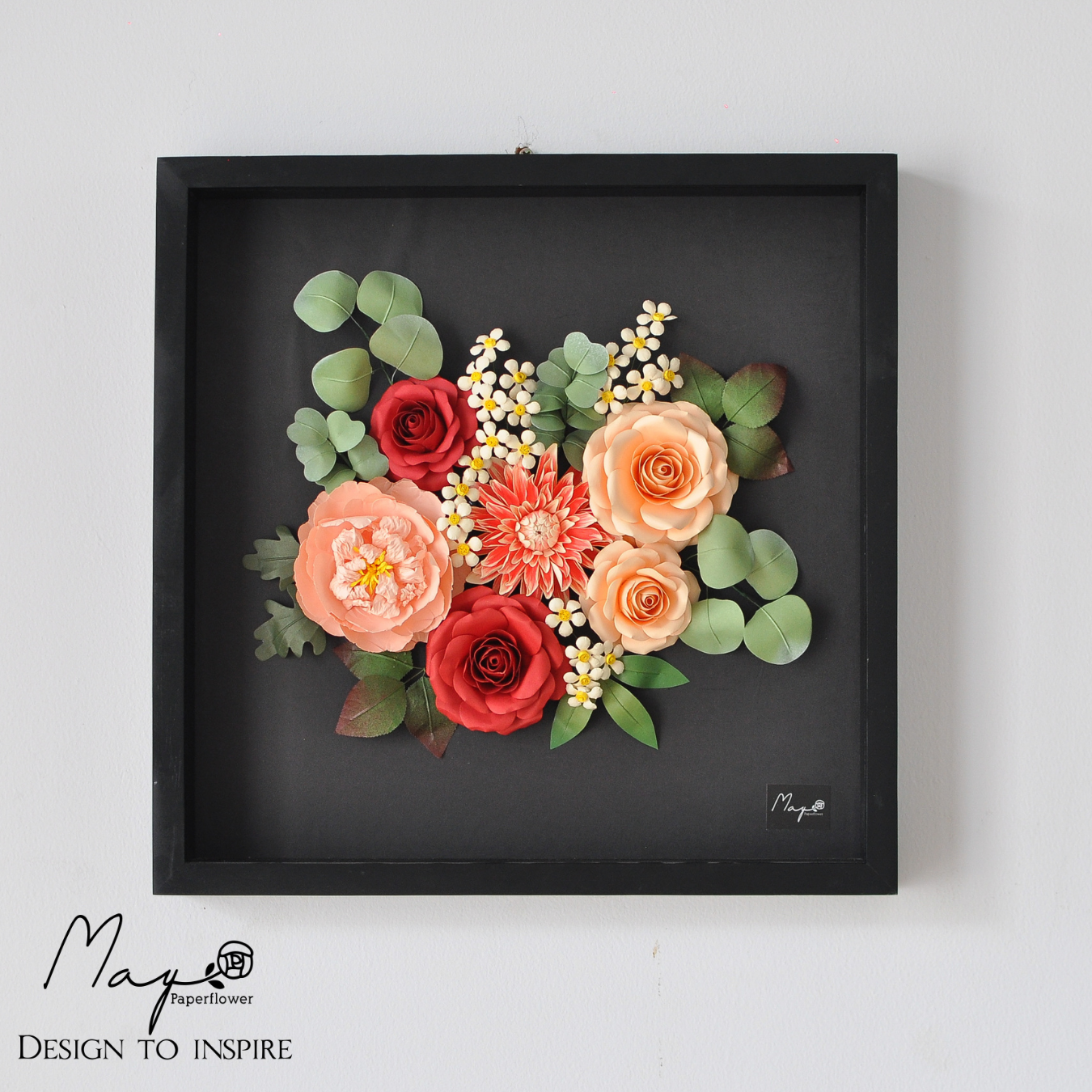 Tranh hoa giấy handmade trang trí cao cấp SNAPSHOT New Spring Black 40x40cm - Maypaperflower Hoa giấy nghệ thuật