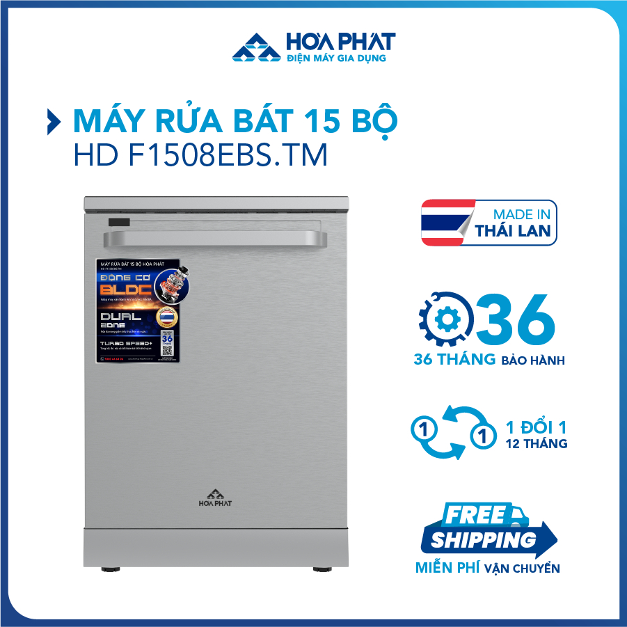 Máy rửa bát 15 bộ Hòa Phát HD F1508EBS.TM - Bảo hành 36 tháng - Hàng chính hãng