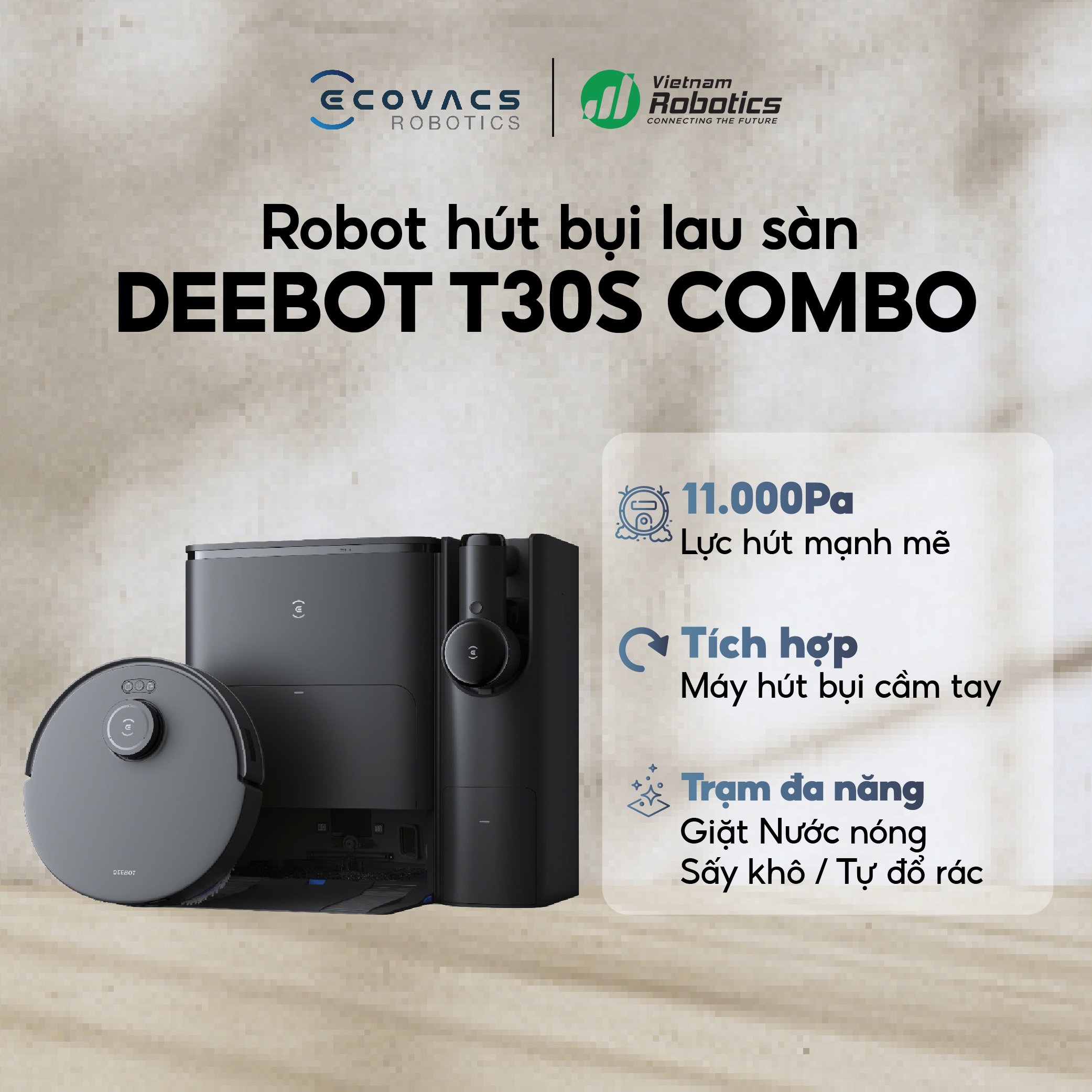 Robot hút bụi lau nhà Ecovacs Deebot T30S Combo - Hàng Nhập khẩu - Chính Hãng - Bảo Hành 24 tháng