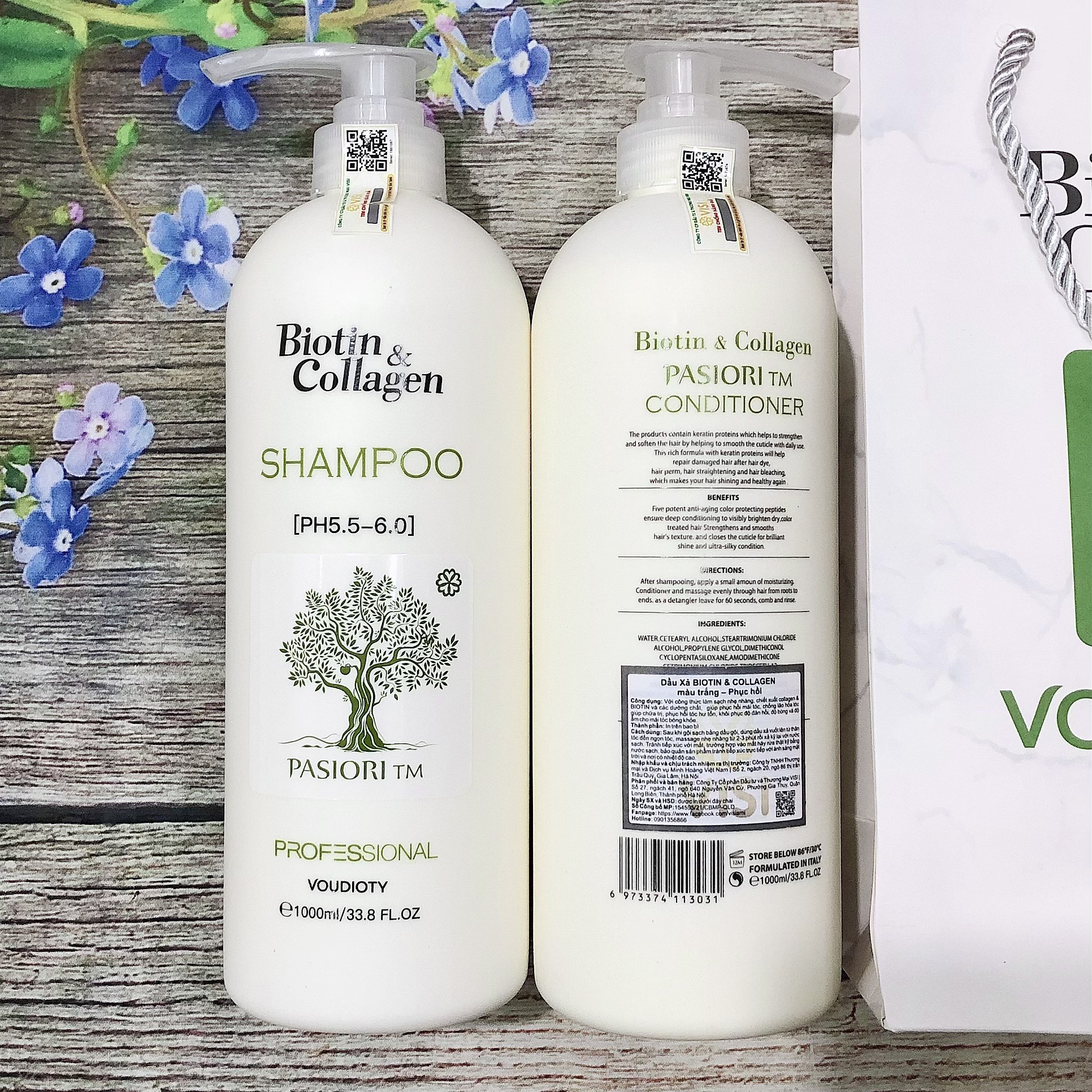 BỘ DẦU GỘI XẢ PASIORI TM COLLAGEN & BIOTIN TRẮNG PHỤC HỒI, MỀM MƯỢT, NGĂN GÃY RỤNG 1000ML*2