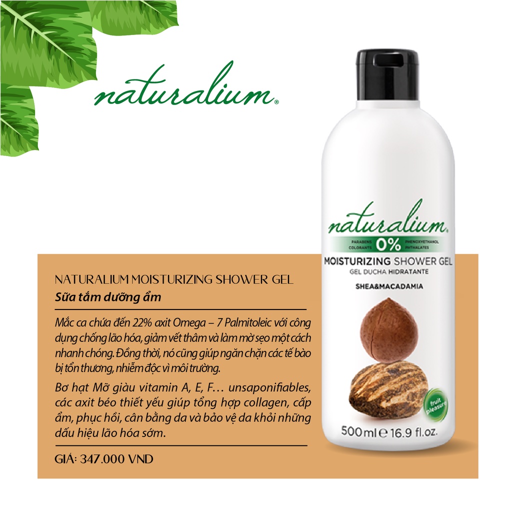 Sữa tắm dưỡng ẩm NATURALIUM hạt macca và hạt mỡ 500ml dưỡng da trắng sáng, mềm mịn & không gây kích ứng