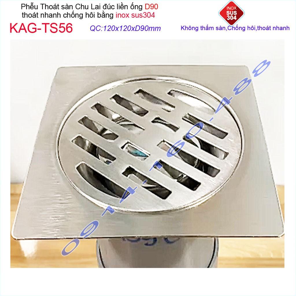 Phễu thoát sàn Chu Lai 12x12cm KAG-TS56-D90, hố ga Thoát sàn ống 9cm SUS304 inox đúc dày thoát nhanh chặn tóc tốt