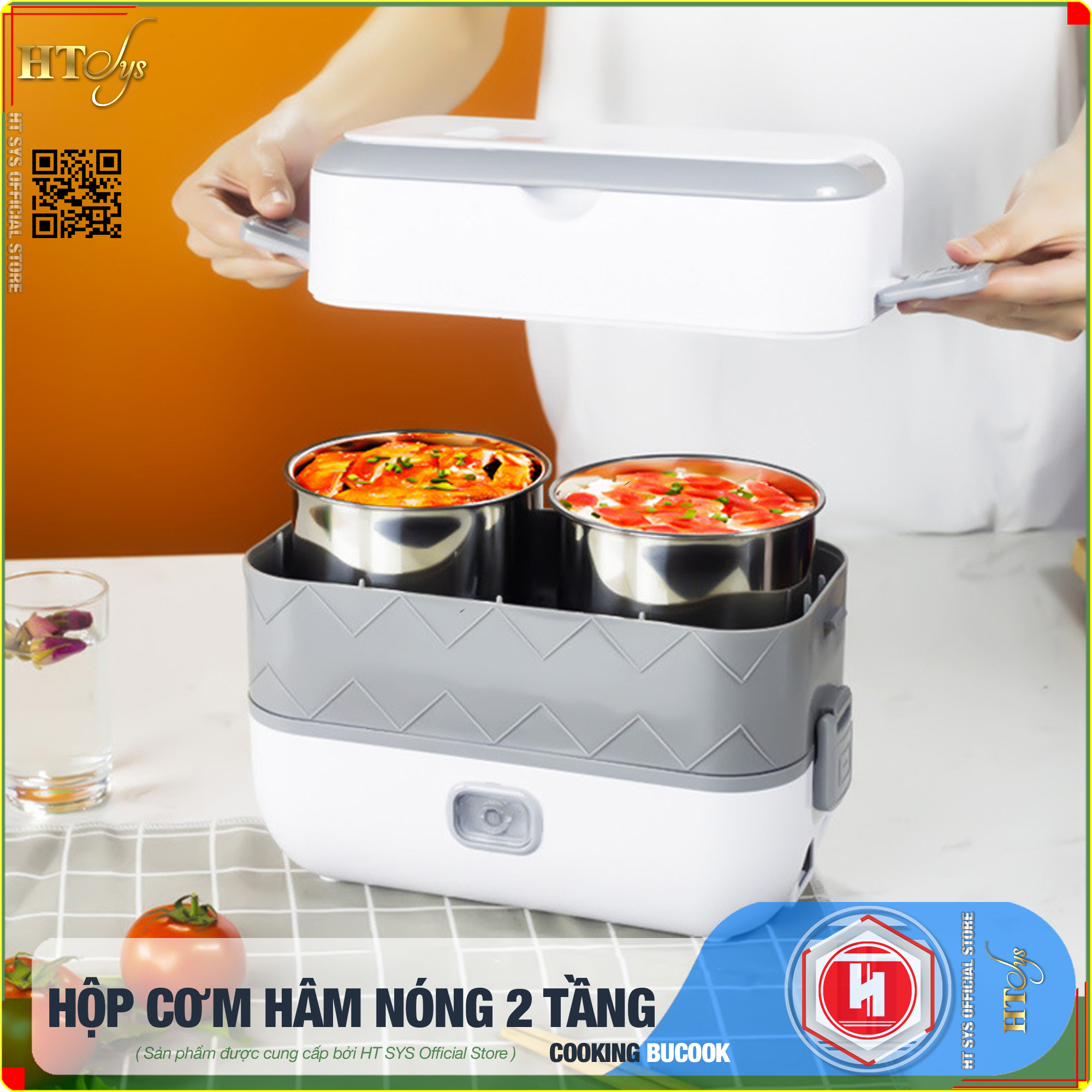 Hộp cơm hâm nóng cắm điện HT SYS - BUCOOK DFH C02 - 2 Lít 2 Tầng 4 Ngăn Có Thể Nấu Và Hâm Nóng Thức Ăn, Ruột Bằng Inox 304