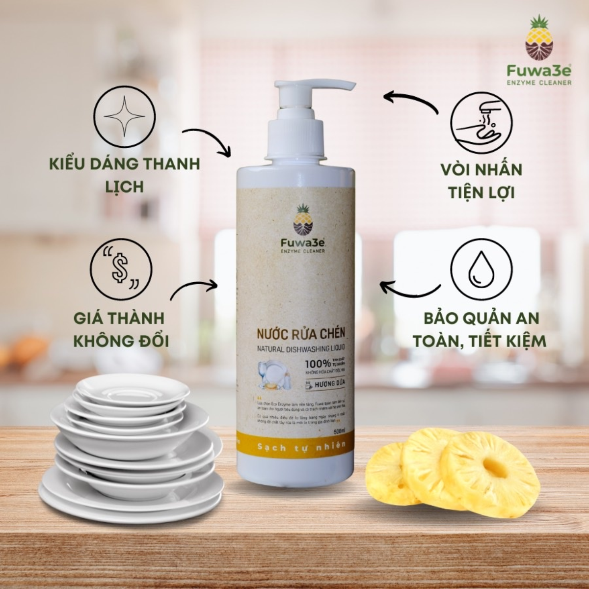 Nước rửa chén hữu cơ Fuwa3e chai 500ml