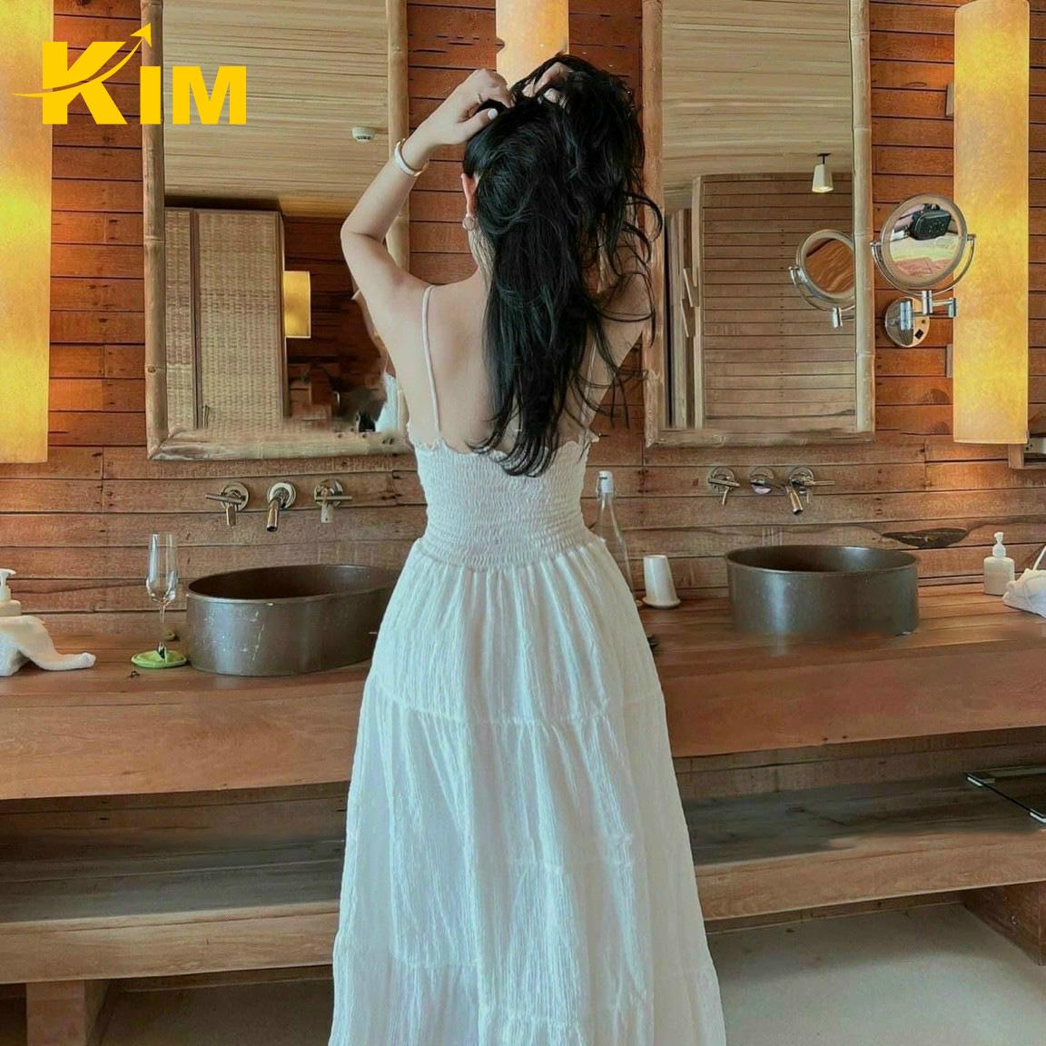 ĐẦM MAXI 2 DÂY NHÚN EO KIM FREE SIZE &lt; 55KG MÀU