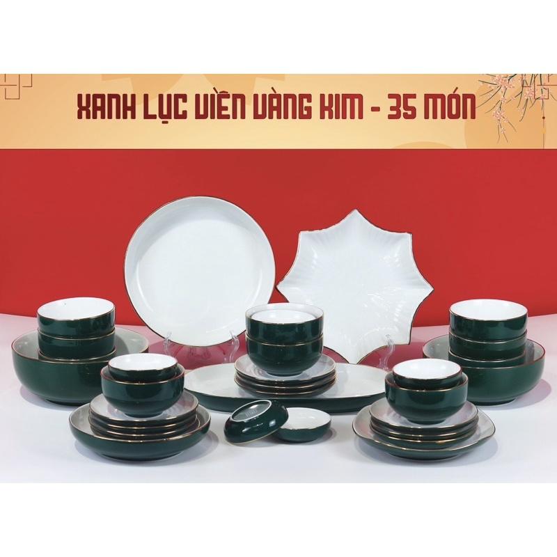 Set bát đĩa 12- 35 món, men xanh lục , viền vẽ vàng kim, lòng trắng ngọc. Gốm sứ Bát Tràng cao cấp.