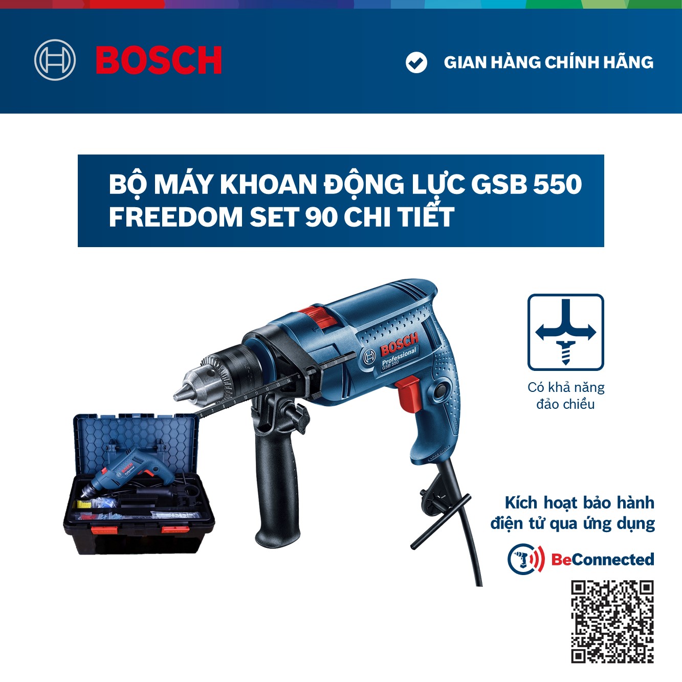 Máy khoan động lực Bosch GSB 550 550W - Tặng bộ phụ kiện FREEDOM 90 chi tiết