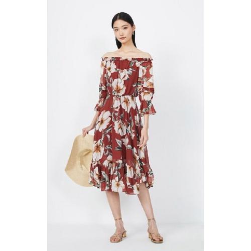Đầm Nữ Trễ Vai Xếp Li In Hình Cổ Điển Siêu xinh