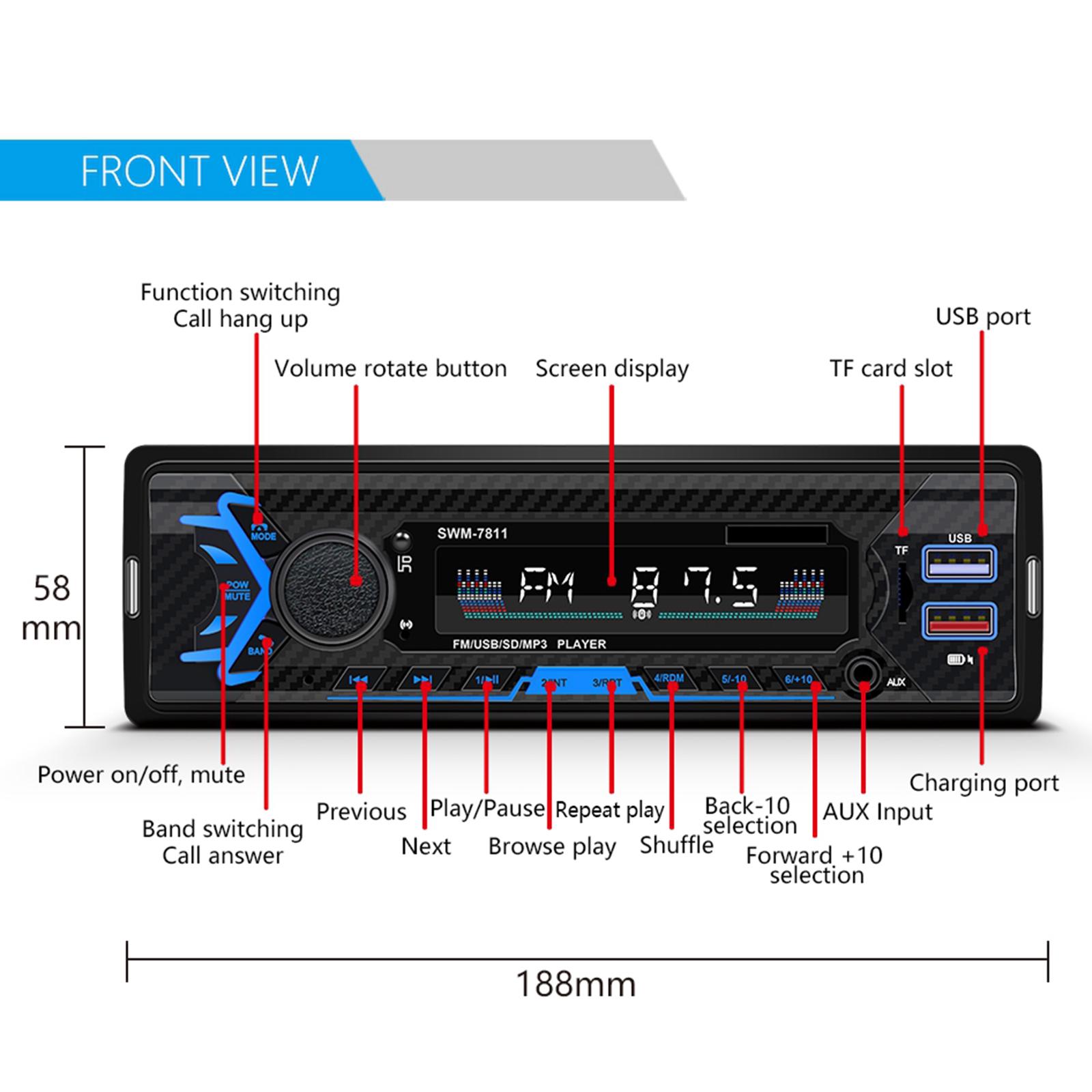 Car 12V Bluetooth 5.0 USB MP3 Player Receiver Single Din with Remote Control, Built-in Microphone