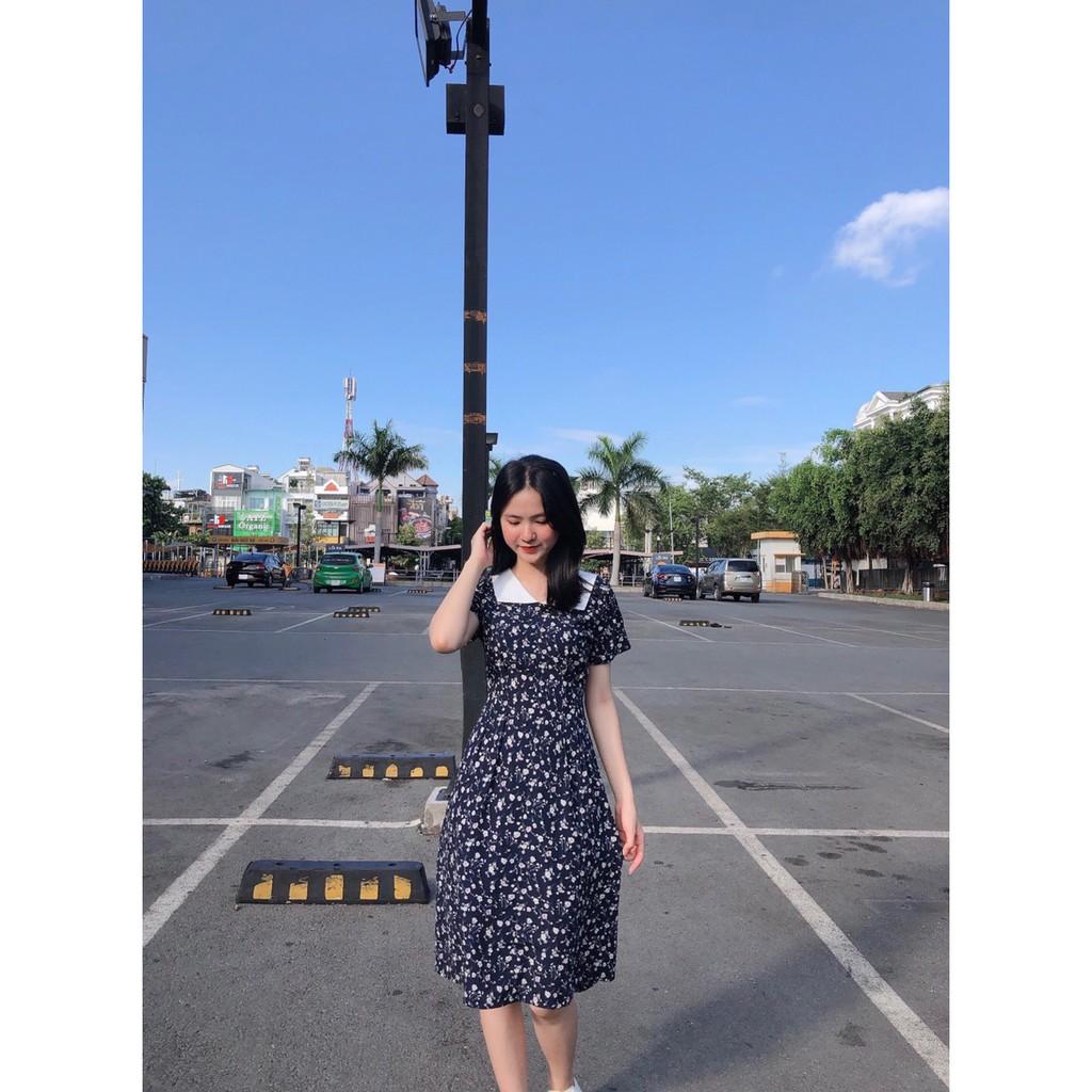 ĐẦM DỰ TIỆC XANH ĐEN HOA NHÍ TRẮNG CỔ TRÒN PHỐI TRẮNG TAY LỠ DÁNG XÒE CÓ DÂY CỘT PHÍA SAU-hình thật