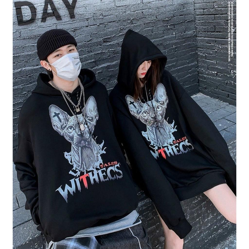 ÁO HOODIE NÓN CHUI ĐẦU NAM NỮ VẢI NỈ NGOẠI IN HÌNH ĐẦU CON DƠI WITCHES MÀU ĐEN SIÊU NGẦU PHONG CÁCH CÁ TÍNH STYLE HÀN CỰC XỊN,ÁO HOODIE THUN NỈ NAM NỮ-JINS STORE