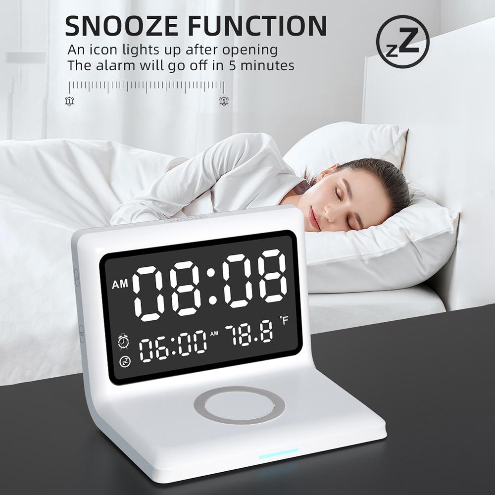 Đồng Hồ Báo Thức Sạc Không Dây 15W Với Màn Hình Hiển Thị Có Thể Thay Đổi Độ Sáng Lớn