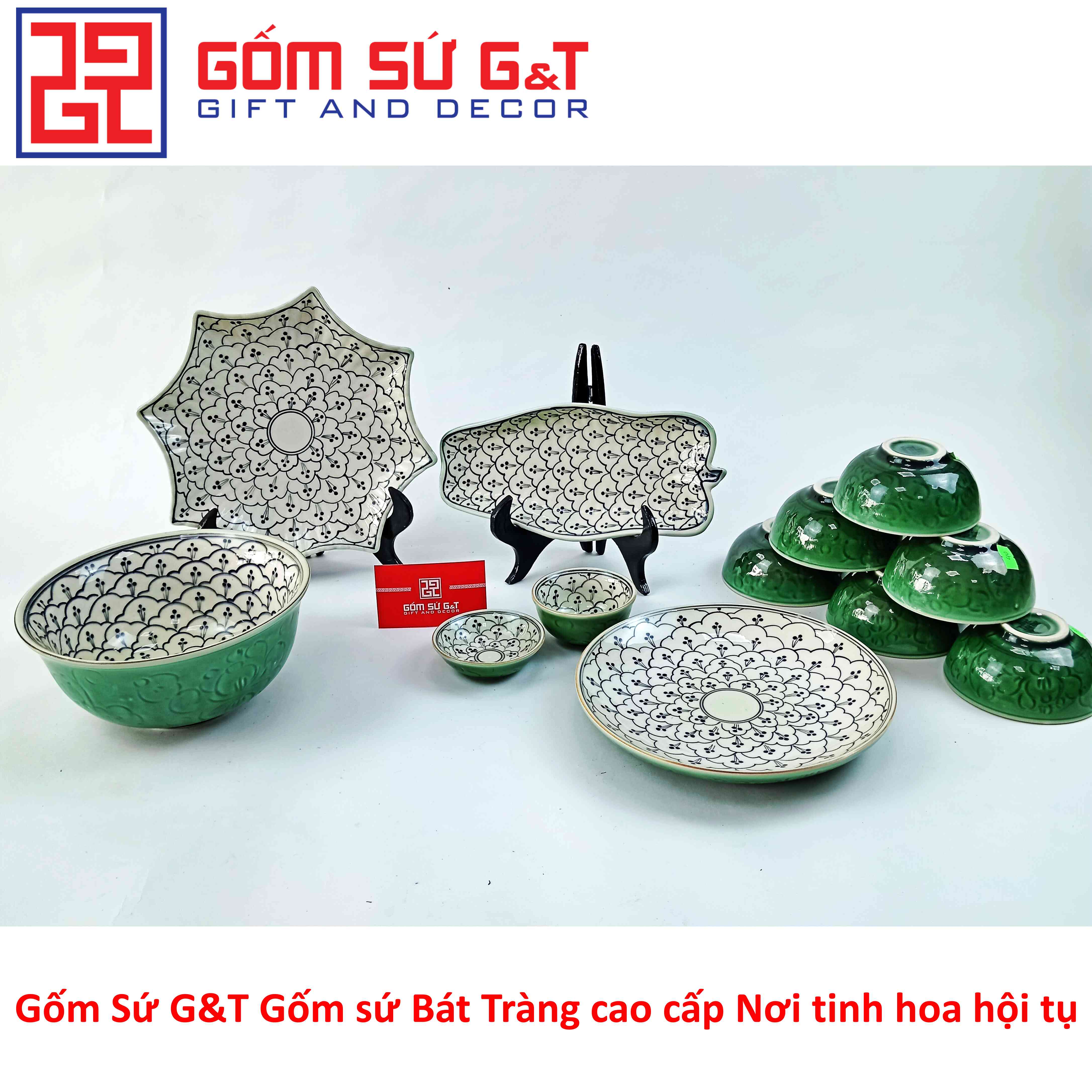 Bộ đồ ăn 6 người men xanh đồng vẽ hoa bèo Gốm Sứ G&T