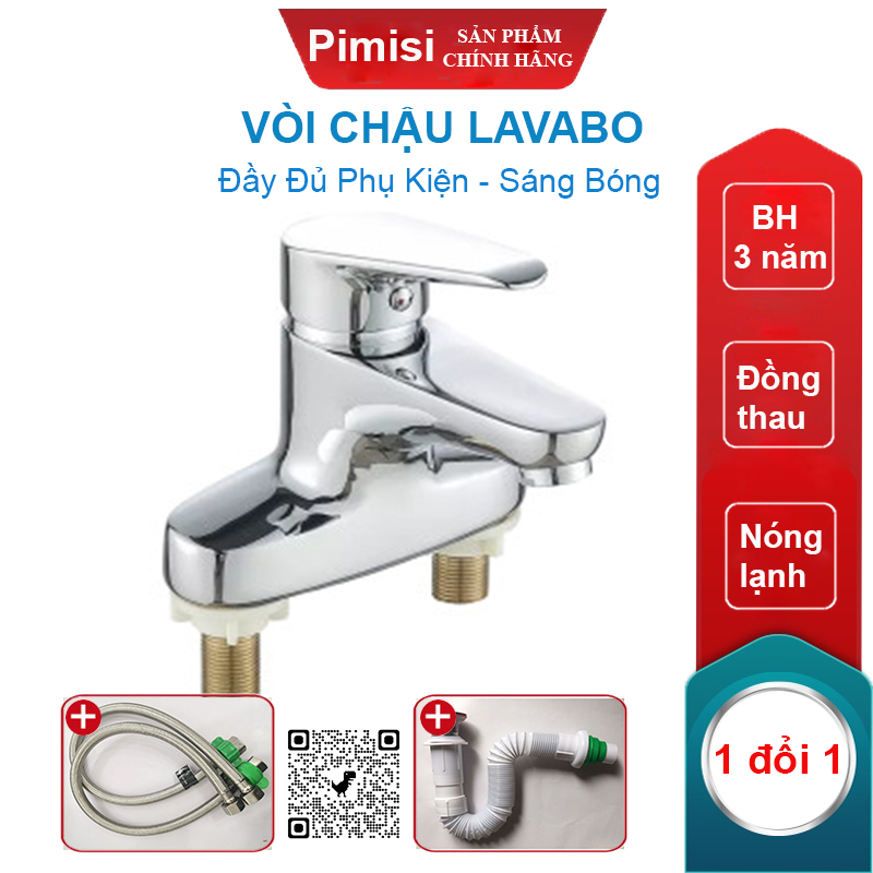 Vòi Chậu Lavabo Nóng Lạnh Pimisi PV-203C Cho Chậu Rửa Mặt 3 Lỗ (2 Chân) Bằng Đồng Thau, Mạ Crom/Niken Sáng Bóng Dùng Trong Nhà Tắm - Chỉnh Nước Bằng Gật Gù Nóng Lạnh Gắn Trên Bồn Rửa Mặt Treo Tường, Đủ Phụ Kiện Xi Phông Và Dây Cấp Nước | Hàng Chính Hãng