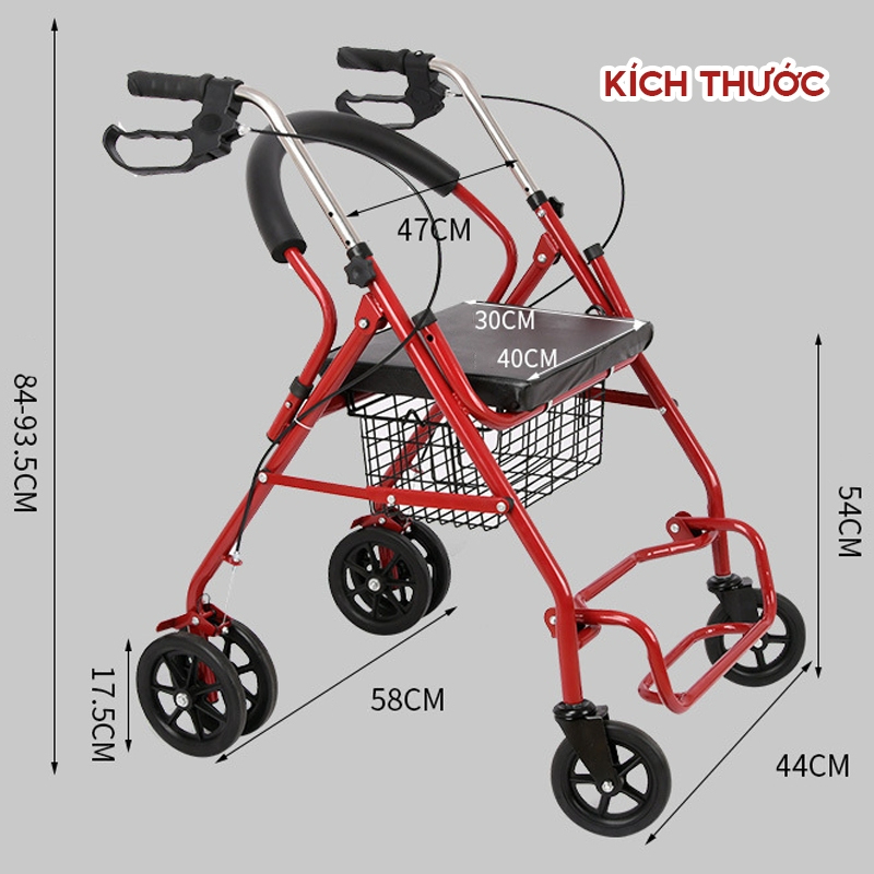 Xe Đẩy Tập Đi Cho Người Già Mẫu 2024, Người Tai Biến Đi Lại Kém Nâng Hạ Tay Lái Có Ghế Ngồi, Phanh, Giỏ Đựng