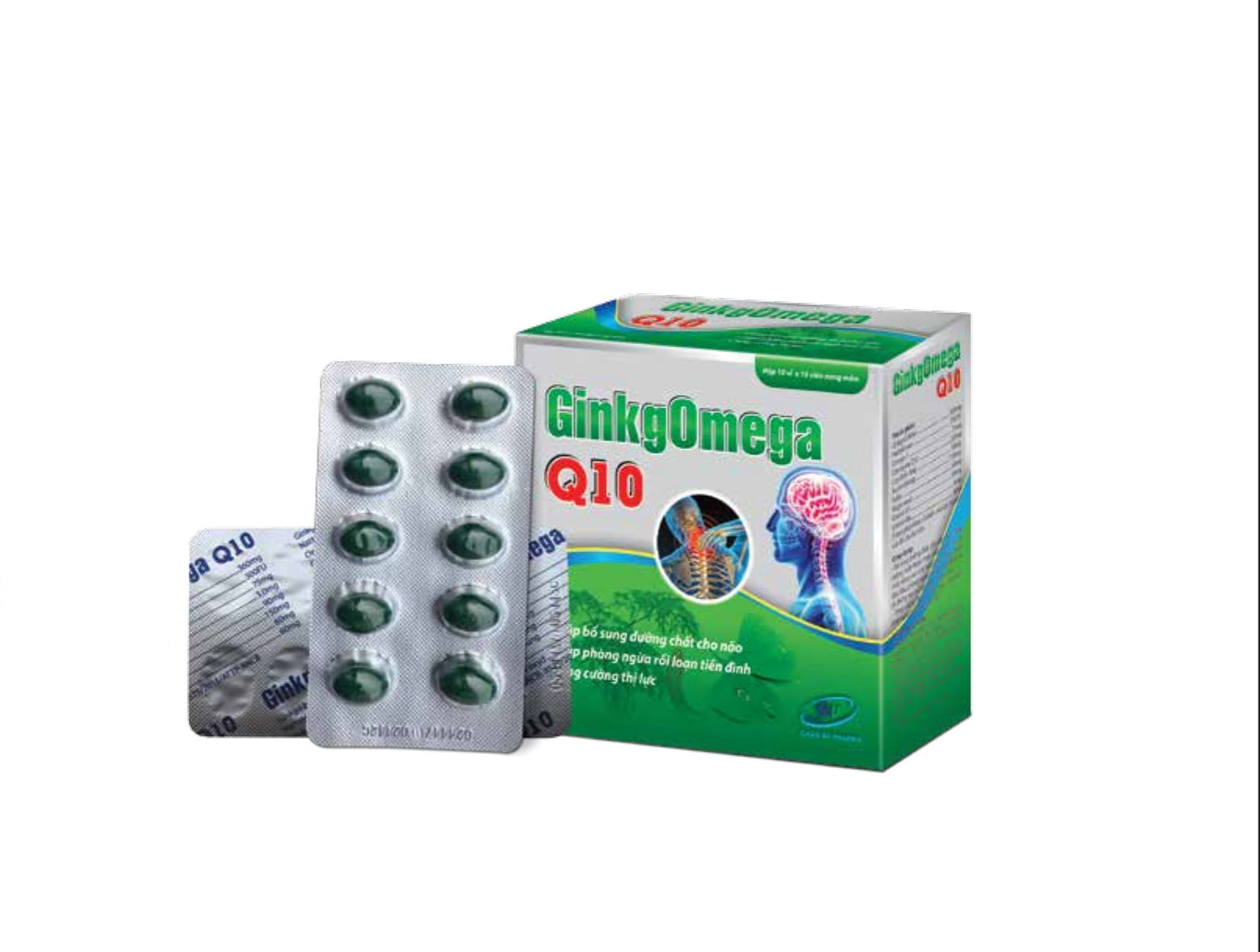 HOẠT HUYẾT DƯỠNG NÃO GINKGOMEGA Q10 - GIẢM ĐAU MỎI VAI GÁY - TÊ BÌ CHÂN TAY - RỐI LOẠN TIỀN ĐÌNH - TỐT CHO NÃO, MẮT, TIM - HỘP 100 VIÊN