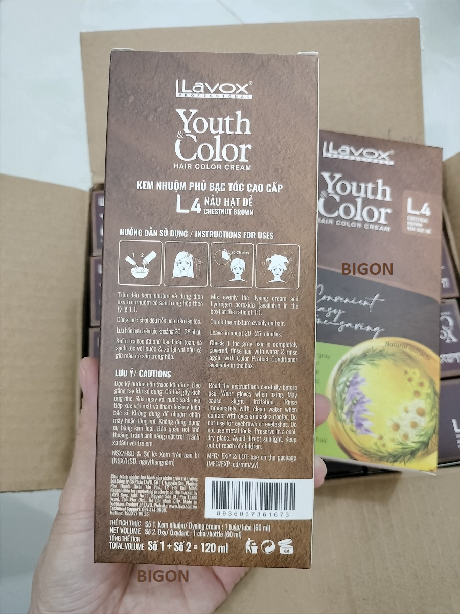 Nâu Hạt Dẻ #L4 Kem Nhuộm Dưỡng Tóc Phủ Bạc Lavox Youth&Color L4
