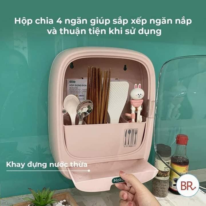 Hộp Đựng Đũa Thìa Dán Tường HOKORI, Bốn Ngăn Tiện Dụng Có Nắp Đậy, Dán Tường Siêu Chắc Chắn - Hàng Việt Nam