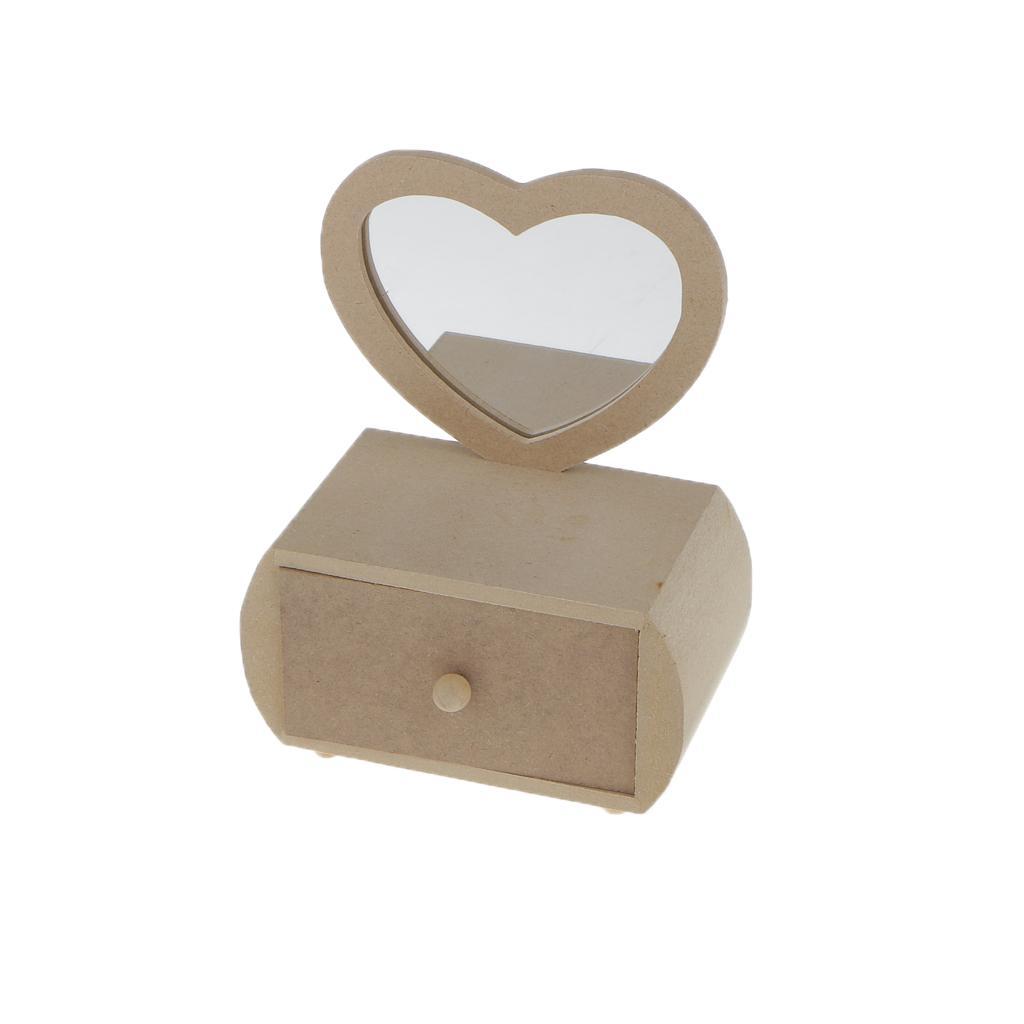 Wooden Dollhouse Jewelry Storage Box 1 Drawer Chest Case With Heart Mirror