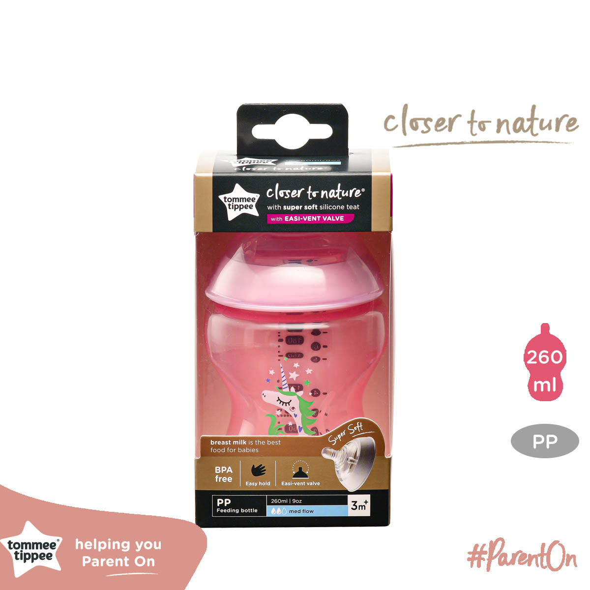 Bình sữa ty siêu mềm tự nhiên Tommee Tippee Closer to Nature 260ml, núm ty đi kèm 3-6 tháng – Tím