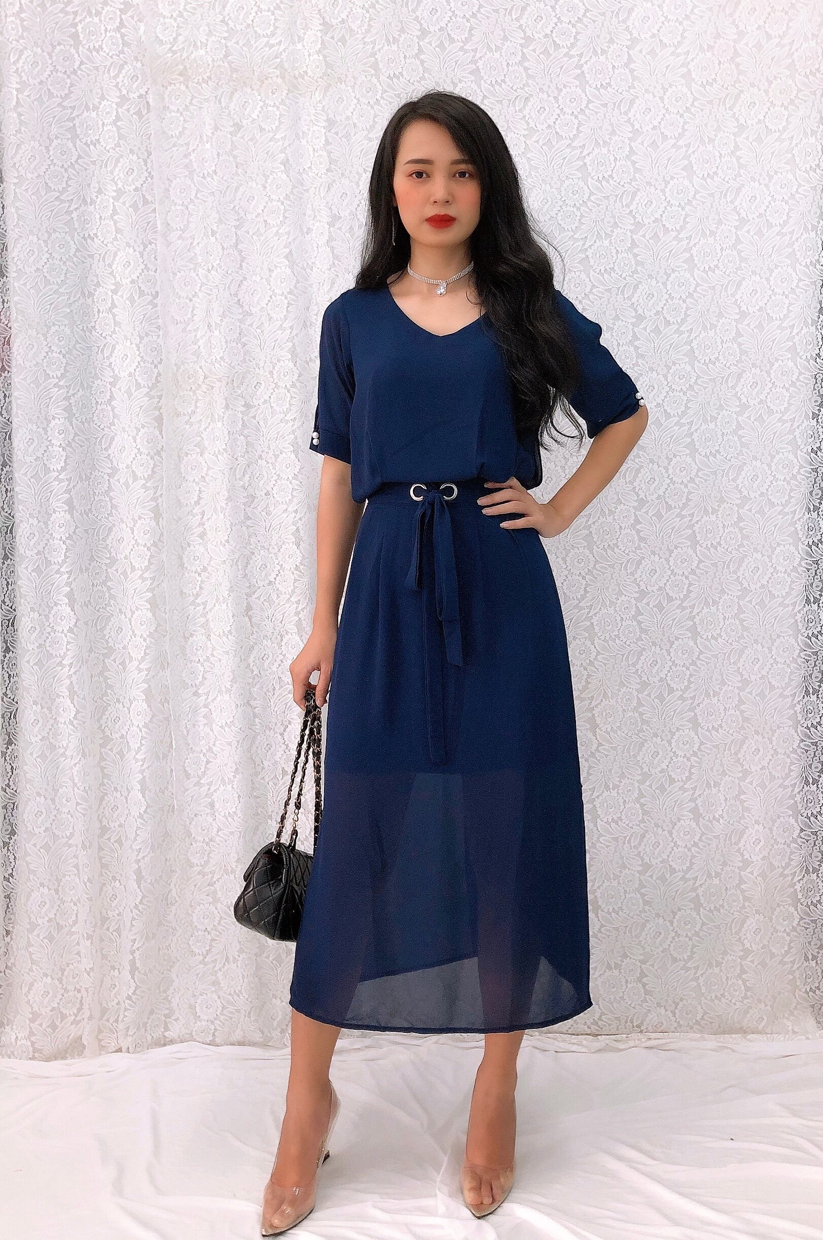 Đầm dự tiệc form dài voan chiffon xẻ tà sang trọng GR0144 - Hình thật shop chụp