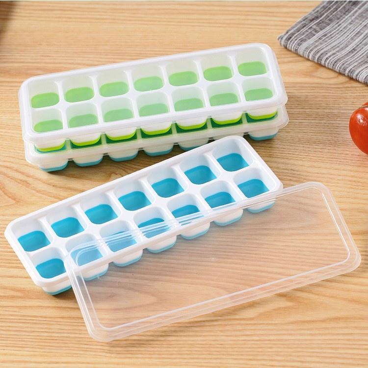 Khay làm đá 14 ô đáy silicone chống dính có nắp đậy bảo đảm vệ sinh (KD14)